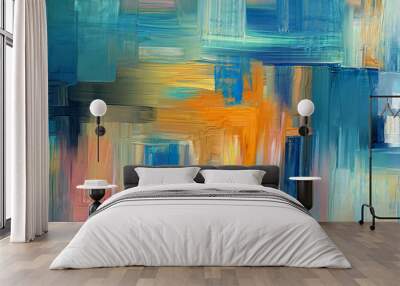 Yellow, bright blue strokes of paint, canvas. Contemporary art made with colored strokes and rough strokes, abstract painting Wall mural