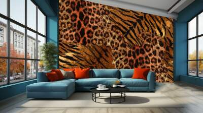 Seamless tiger, leopard print. Black stripes, spots on a brown background. Wall mural