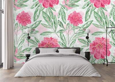 Seamless vintage floral pattern. Pink, crimson peonies on a white background. Wall mural