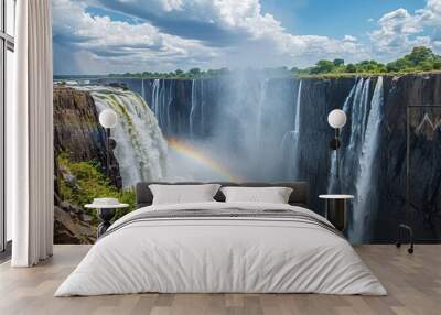 A breathtaking panorama captures the essence of Victoria Falls in Zimbabwe, where the waters thunder down, and a rare vertical rainbow graces the scene with its vibrant hues. Wall mural