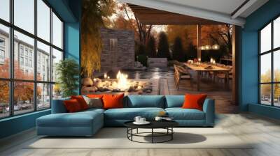 Autumn Serene Retreat Modern Luxury Exterior Outdoor Entertaining Patio with Firepit and Pool with Rock Wall and Waterfall Wall mural