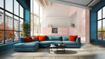 Chic Blush Baby Pink Modern Kitchen Interior with Empty White Walls and Open Concept Two Story Apartment Layout Made with Generative AI Wall mural