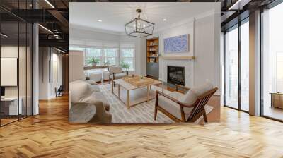 Interior of Luxury Modern Family Room with Farmhouse Home Decor and Furniture with Styled Shelf and Fireplace Wall mural