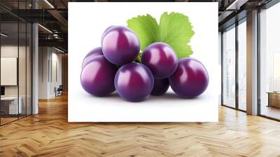 A cluster of glossy purple grapes with a green leaf, emphasizing freshness and natural produce. Wall mural