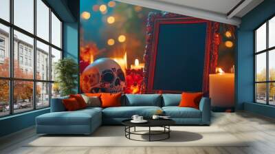 A decorative scene featuring a skull, flowers, candles, and an empty frame, evoking a festive atmosphere. Wall mural