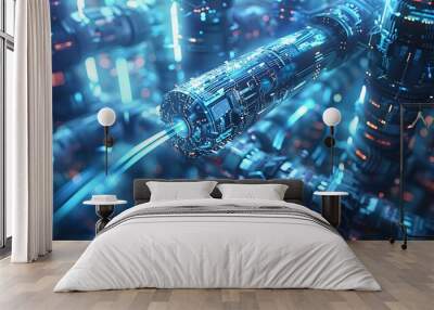 A futuristic, illuminated technology design featuring intricate machinery and glowing elements. Wall mural