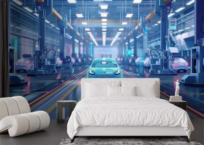 A futuristic car assembly line showcasing advanced technology and automation in manufacturing. Wall mural