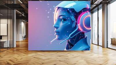 A futuristic robotic face with glowing elements, representing advanced technology and artificial intelligence. Wall mural