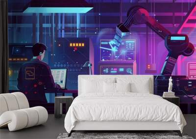 A futuristic workspace with a robotic arm and advanced technology, highlighting automation and innovation. Wall mural