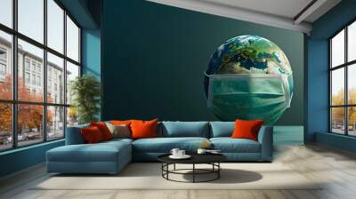 A globe wearing a medical mask symbolizes global health and the impact of pandemics. Wall mural