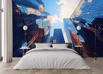 A low-angle view of modern skyscrapers reflecting sunlight against a blue sky. Wall mural