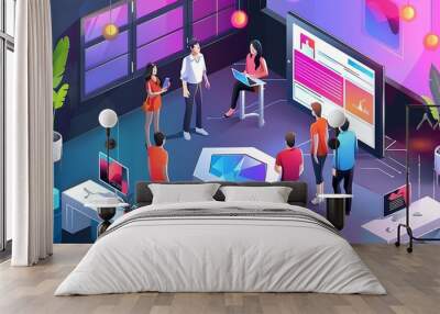 A modern workspace with people collaborating around technology and digital displays. Wall mural