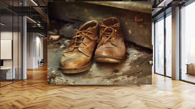 A pair of worn brown shoes resting on a rustic surface, conveying a sense of nostalgia and adventure. Wall mural