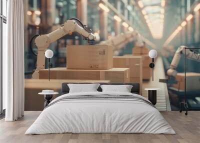 A robotic arm handling packages on a conveyor belt in a modern warehouse setting. Wall mural