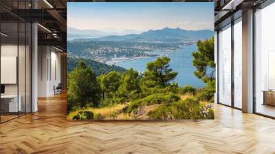 A scenic view of a coastal landscape with mountains and a bay, showcasing nature's beauty. Wall mural