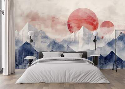 A serene watercolor landscape featuring mountains and two large suns. Wall mural