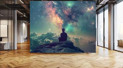 A silhouette sits on a rock, gazing at a colorful cosmic scene filled with stars and nebulae. Wall mural