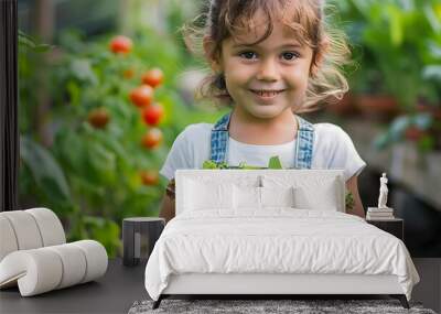 A smiling child holds a bowl of fresh greens in a vibrant garden. Wall mural