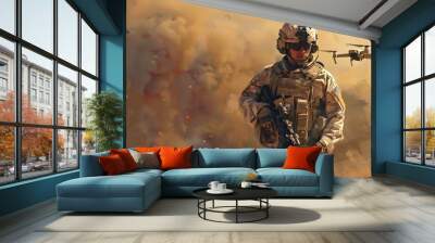 A soldier stands amidst smoke and debris, with a drone flying overhead, showcasing modern warfare technology. Wall mural