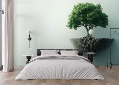 A solitary tree with roots floating on a minimalistic background, symbolizing growth and resilience. Wall mural