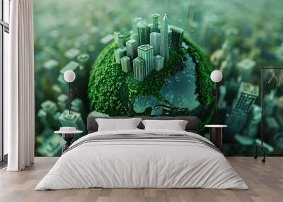 A stylized globe with urban buildings and greenery, symbolizing environmental sustainability and urbanization. Wall mural