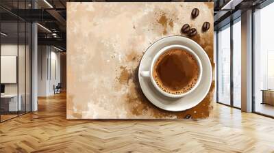 A top view of a coffee cup on a textured background with coffee beans, evoking a cozy atmosphere. Wall mural