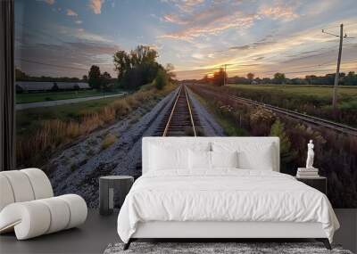 A tranquil view of railway tracks stretching into the horizon during sunset, surrounded by nature. Wall mural