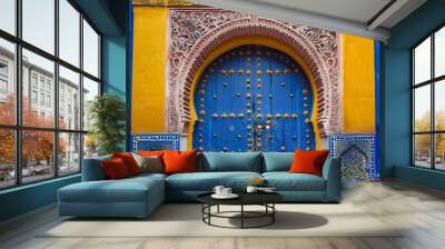 A vibrant blue and yellow ornate door with intricate carvings and decorative elements. Wall mural