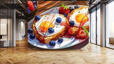 A vibrant plate of breakfast featuring eggs, toast, strawberries, and blueberries, perfect for a morning meal. Wall mural