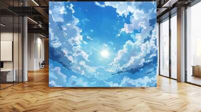 A vibrant sky filled with fluffy clouds and a bright sun, evoking a sense of tranquility and openness. Wall mural