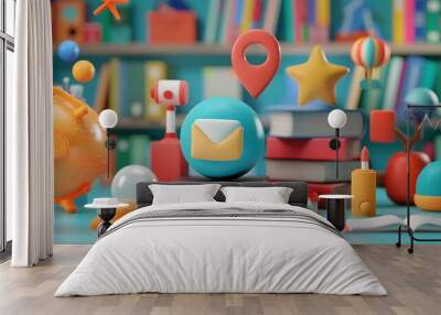 Colorful 3D objects on a desk, including books, globes, and icons representing communication. Wall mural