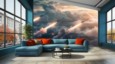 Three missiles launch through clouds at sunset, depicting military action and technological advancement. Wall mural