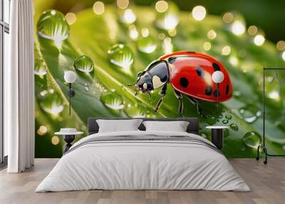 glistening droplets of water adorn a vivid green leaf as a red ladybug ventures across its lush surface Wall mural