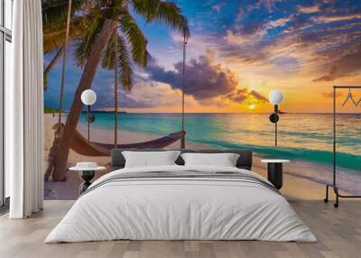 tropical sunset beach and sky background as exotic summer landscape with beach swing or hammock and white sand and calm sea beach banner paradise island beach vacation or summer holiday destination Wall mural