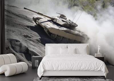 A tank moves through arid terrain Wall mural