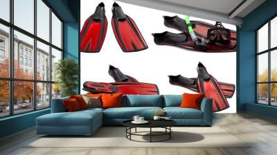 Set of red swim fins, mask and snorkel for diving Wall mural