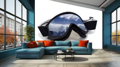 Ski goggles with reflection of cloudy mountains Wall mural