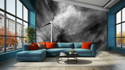 Wind turbine and black and white sky with clouds Wall mural