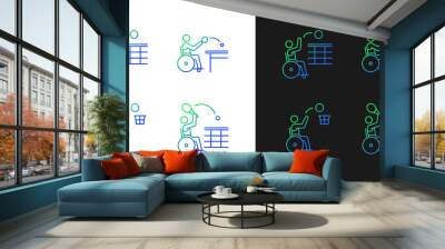 Adaptive wheelchair sports gradient icons set for dark and light mode. Sportsman with disability. Thin line contour symbols bundle. Isolated vector outline illustrations collection on black and white Wall mural