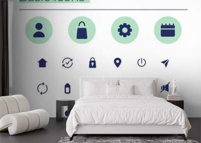 Basic UI icons kit. Settings glyph vector symbols set. Upload file to cloud with wi fi. Option mobile app buttons in green circles pack. Web design elements collection Wall mural