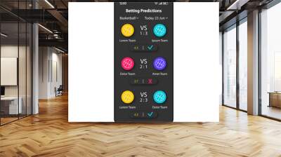 Betting forecast smartphone interface vector template. Mobile app page black design layout. Predicting winner screen. Flat UI for application. Winning team, points spread phone display Wall mural