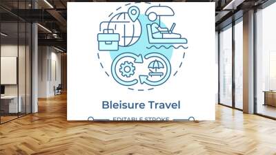 Bleisure travel soft blue concept icon. Business trip and leisure activity. Digital nomad. Niche tourism. Round shape line illustration. Abstract idea. Graphic design. Easy to use in blog post Wall mural