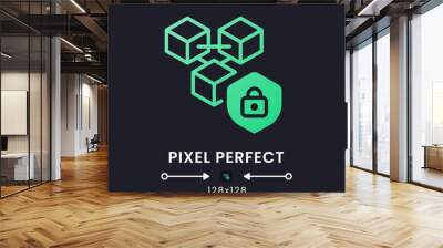 Blockchain security green solid gradient desktop icon on black. Risk management system. Fraud prevention. Pixel perfect 128x128, outline 4px. Glyph pictogram for dark mode. Isolated vector image Wall mural