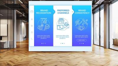 Brand growth strategy onboarding vector template. Brand recognition, consistency. Preferred channels. Responsive mobile website with icons. Webpage walkthrough step screens. RGB color concept Wall mural