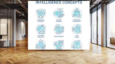 Business analytics and intelligence turquoise concept icons set. Diagnostic analysis idea thin line color illustrations. Isolated symbols. Editable stroke. Roboto-Medium, Myriad Pro-Bold fonts used Wall mural