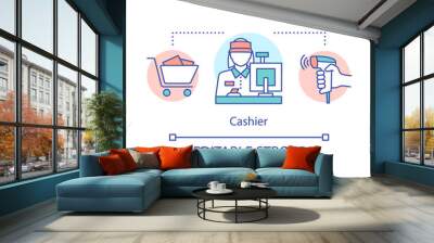 Cashier concept icon. Retail store staff idea thin line illustration. Checkout operator. Sales clerk at store. Saleswoman behind the cash register. Vector isolated outline drawing. Editable stroke Wall mural