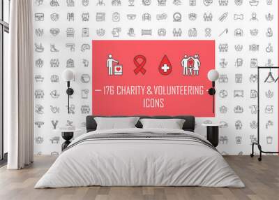 Charity and volunteering linear icons big set. Thin line contour symbols. Fundraising, philanthropy, humanitarian help, charitable organization. Isolated vector outline illustrations. Editable stroke Wall mural