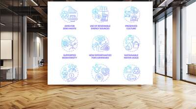 Circular economy blue gradient concept icons set. New opportunity for companies idea thin line color illustrations. Supported biodiversity. Isolated symbols. Roboto-Medium, Myriad Pro-Bold fonts used Wall mural