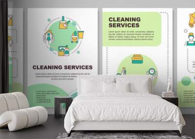 Cleaner booking benefits green circle brochure template. Leaflet design with linear icons. Editable 4 vector layouts for presentation, annual reports. Arial-Bold, Myriad Pro-Regular fonts used Wall mural