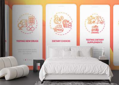 Clinical investigation onboarding mobile app page screen with concepts. New drugs, diet testing walkthrough 5 steps graphic instructions. UI, UX, GUI vector template with linear color illustrations Wall mural